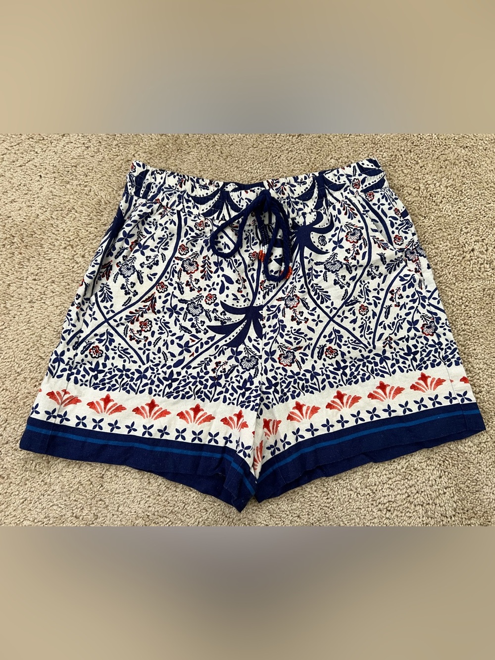 Joie Linen Blend High Waist Shorts Boho Blue Floral Print Beaded Size Medium
